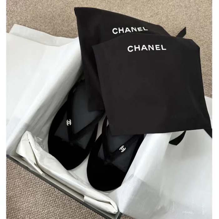 Chanel Women CC Thongs Sandal Velvet Black 0.5 CM Heel