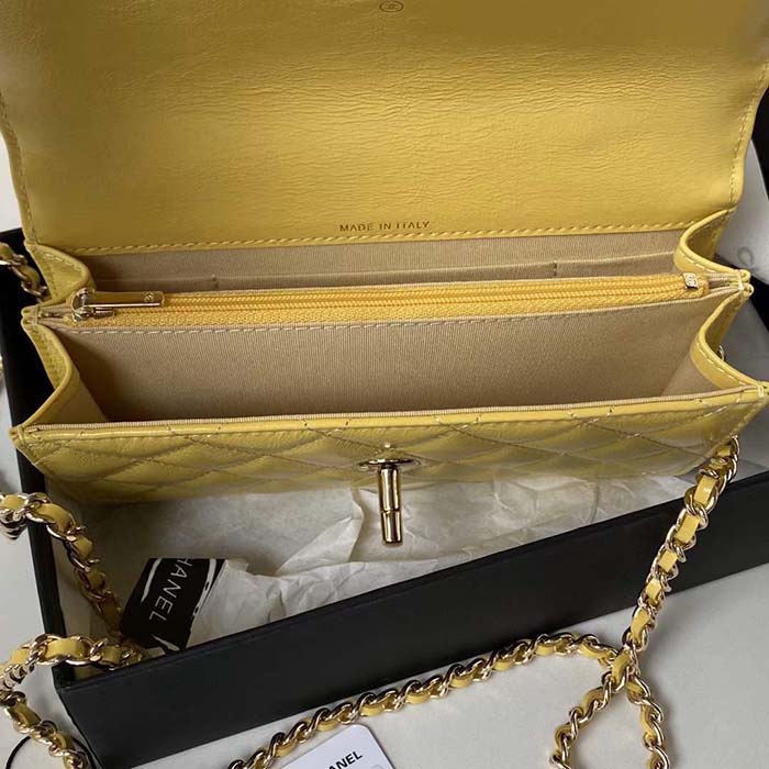 Chanel Women CC Wallet On Chain Lambskin Imitation Pearls Yellow