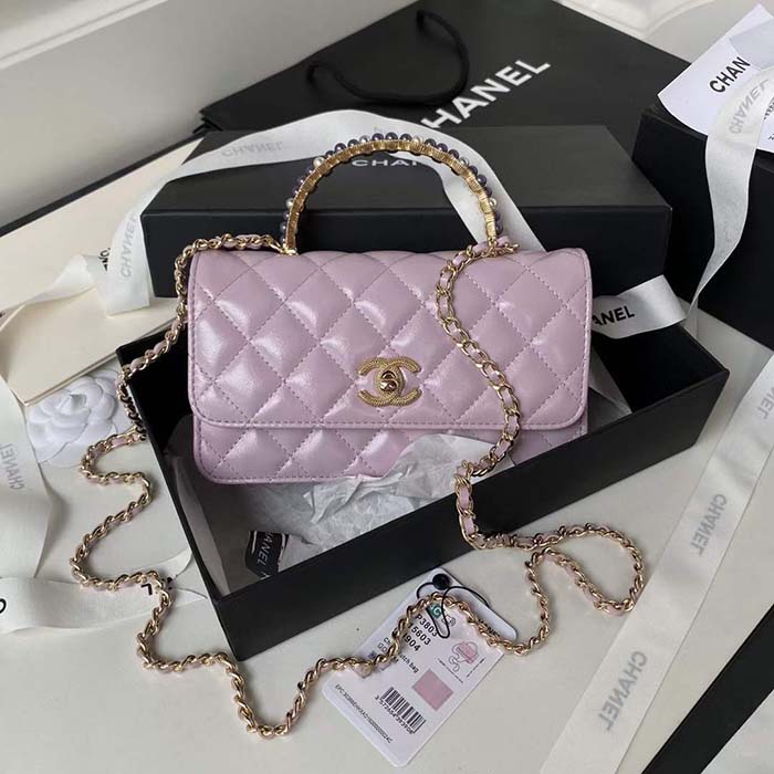 Chanel Women CC Wallet On Chain Shiny Lambskin Strass Light Pink