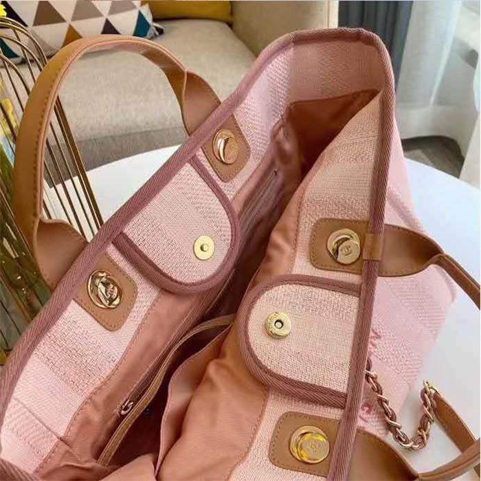 Chanel Women Deanville Shopping Bag Canvas Leather Mixed Fibers Pink