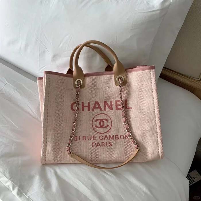 Chanel Women Deanville Shopping Bag Canvas Leather Mixed Fibers Pink