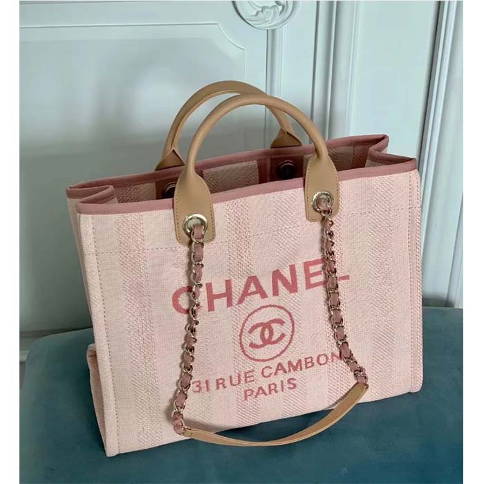 Chanel Women Deanville Shopping Bag Canvas Leather Mixed Fibers Pink