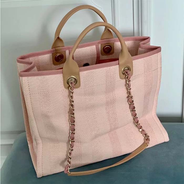 Chanel Women Deanville Shopping Bag Canvas Leather Mixed Fibers Pink