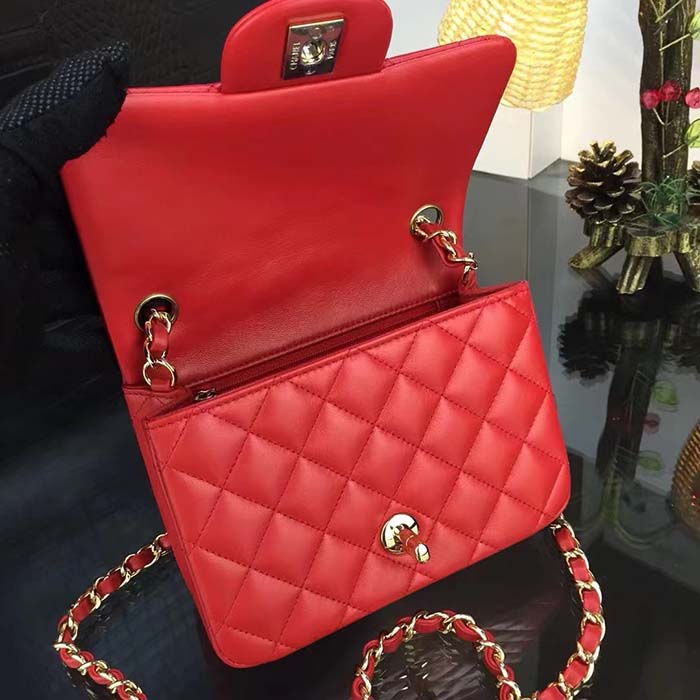 Chanel Women Mini Flap Bag Calfskin Leather Gold-Tone Metal Red
