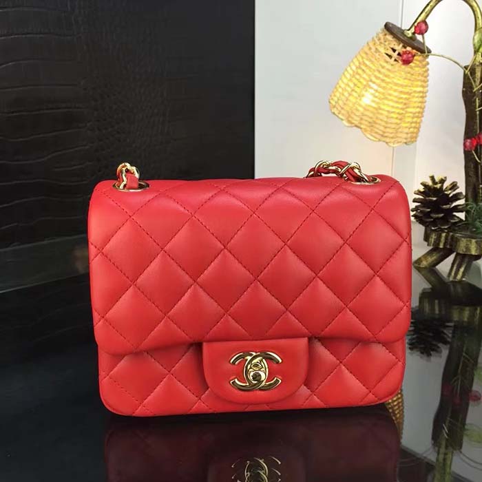 Chanel Women Mini Flap Bag Calfskin Leather Gold-Tone Metal Red