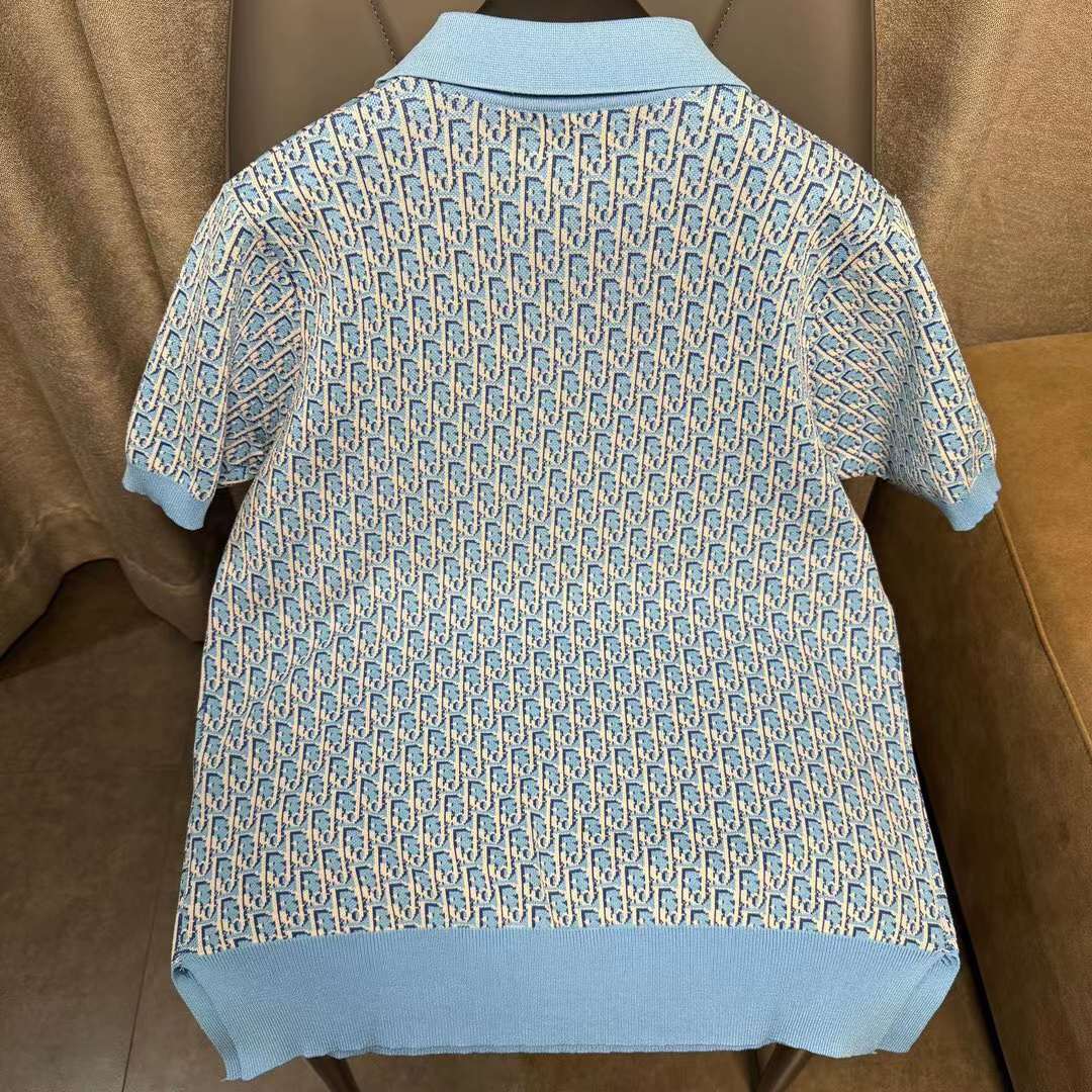 Dior CD Men Oblique Polo Shirt White Blue Cotton Jacquard