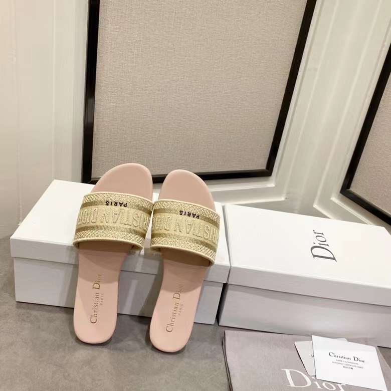 Dior CD Unisex Dway Slide Gold-Tone Cotton Embroidered Metallic Thread Strass