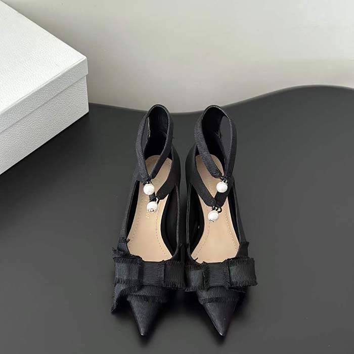 Dior CD Women Adiorable Pump Black Fringed Grosgrain Bow 4 cm Heel