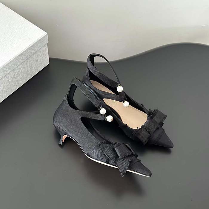 Dior CD Women Adiorable Pump Black Fringed Grosgrain Bow 4 cm Heel