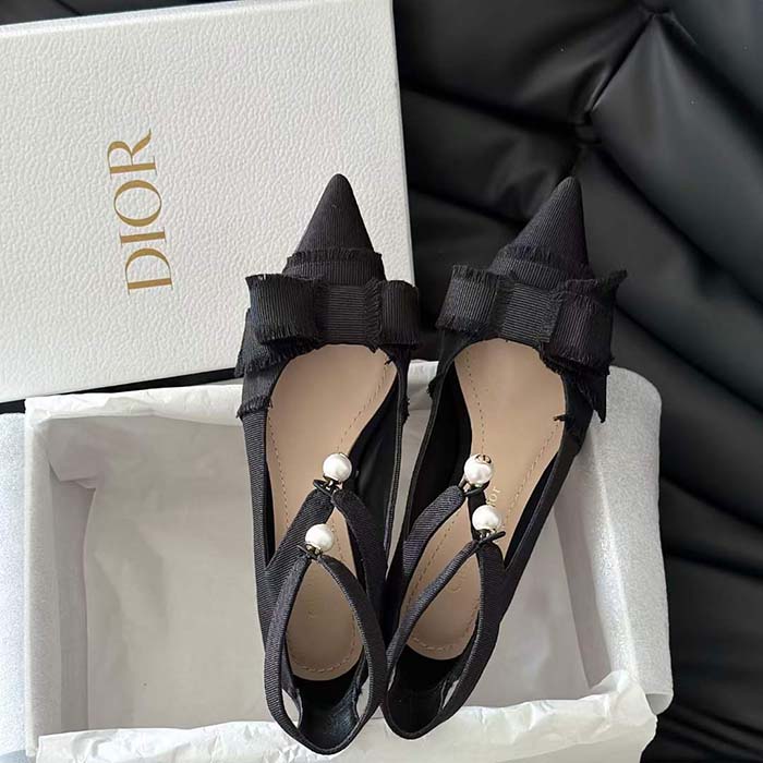 Dior CD Women Adiorable Pump Black Fringed Grosgrain Bow 4 cm Heel