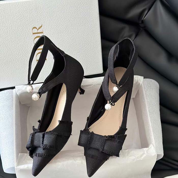Dior CD Women Adiorable Pump Black Fringed Grosgrain Bow 4 cm Heel