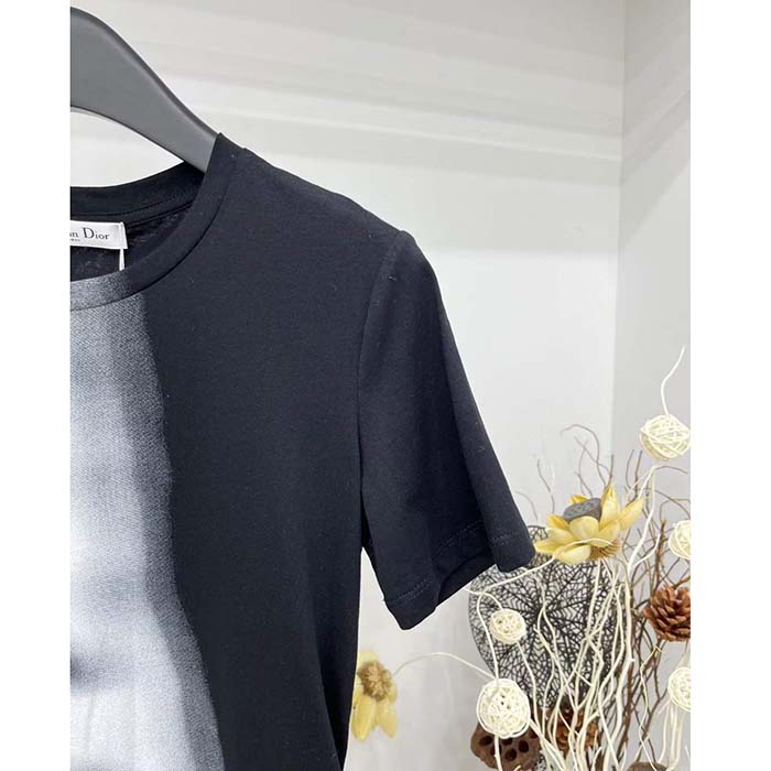 Dior Women T-Shirt Black White Cotton Linen Jersey Eiffel Tower Motif