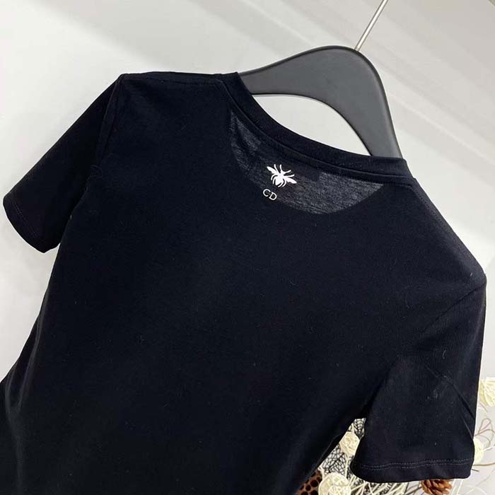 Dior Women T-Shirt Black White Cotton Linen Jersey Eiffel Tower Motif