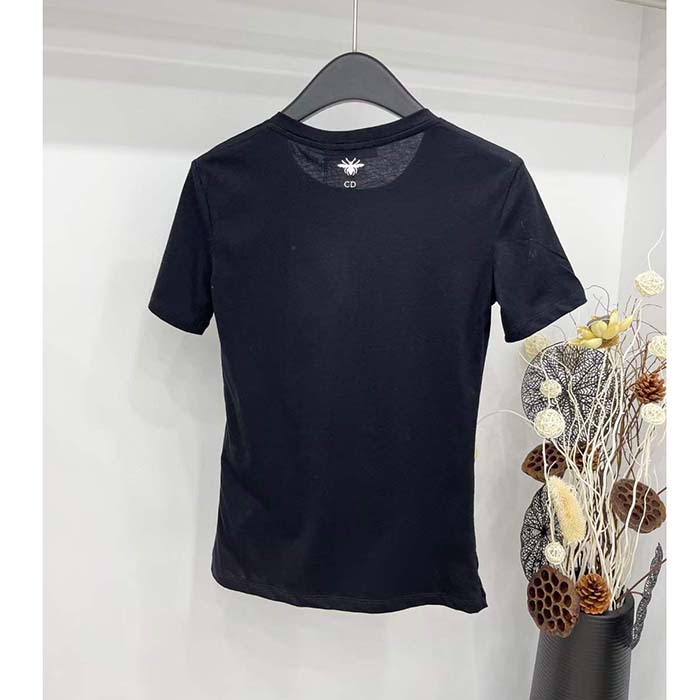 Dior Women T-Shirt Black White Cotton Linen Jersey Eiffel Tower Motif