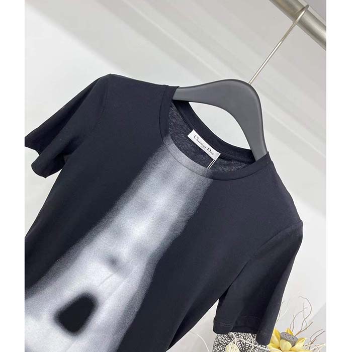 Dior Women T-Shirt Black White Cotton Linen Jersey Eiffel Tower Motif