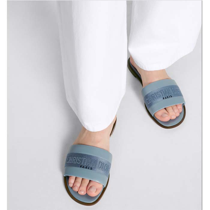 Dior Unisex CD Dway Slide Pastel Blue Calfskin Embroidered Cotton