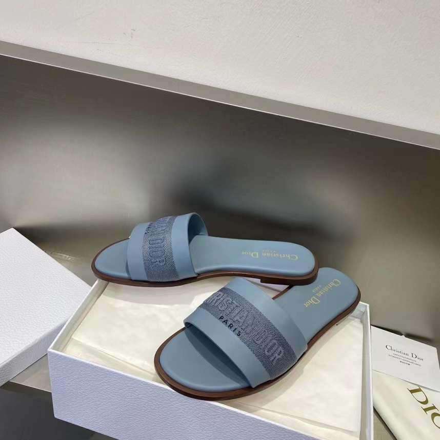 Dior Unisex CD Dway Slide Pastel Blue Calfskin Embroidered Cotton