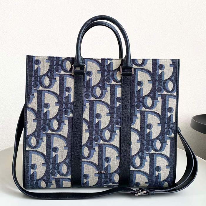 Dior Unisex CD East-West Tote Bag Beige Black Maxi Oblique Jacquard