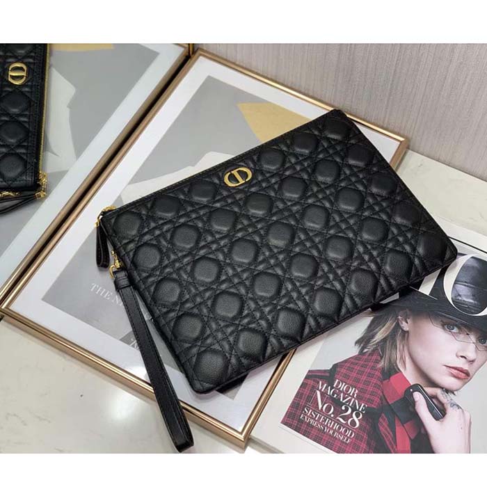 Dior Unisex CD Large Caro Daily Pouch Black Supple Cannage Calfskin