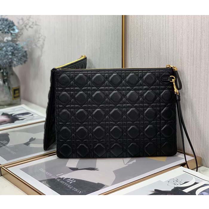 Dior Unisex CD Large Caro Daily Pouch Black Supple Cannage Calfskin