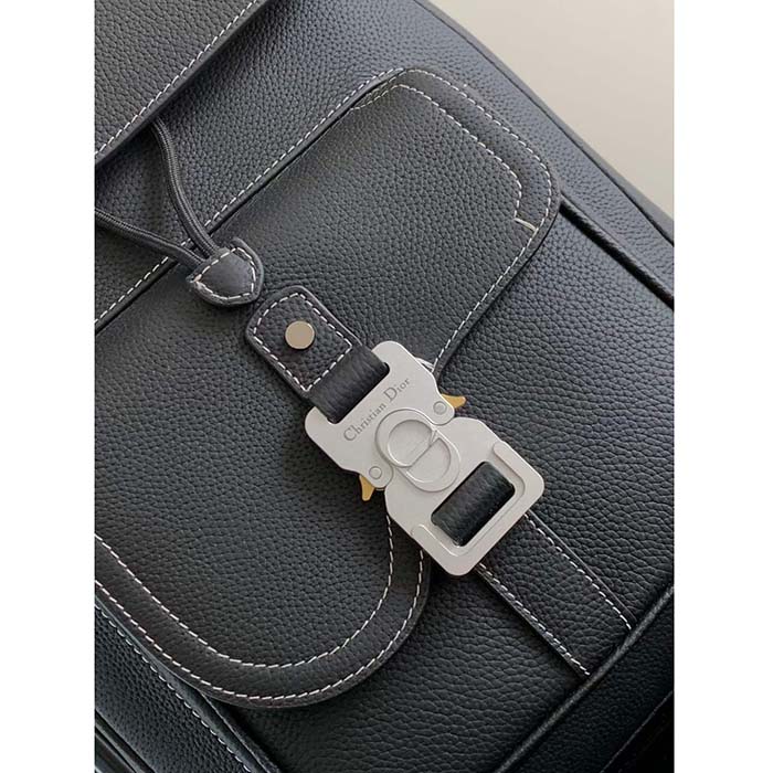 Dior Unisex CD Saddle Backpack Black Grained Calfskin Contrasting Topstitching