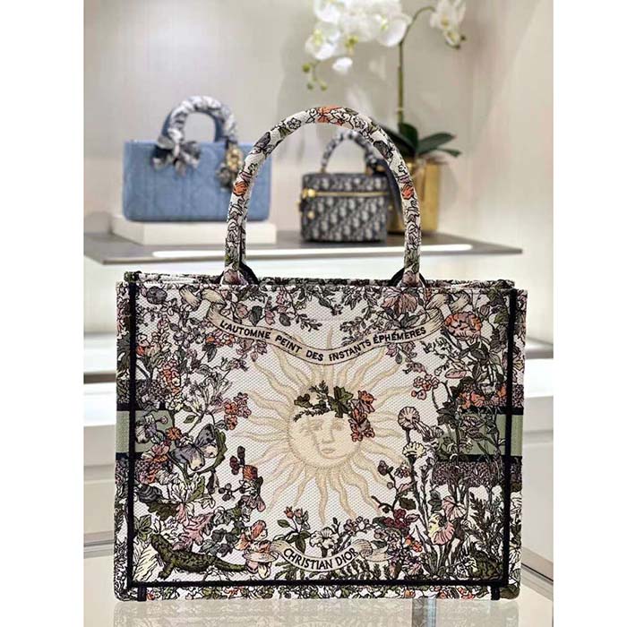 Dior Unisex Large Dior Book Tote Ecru Multicolor 4 Saisons Automne Soleil Embroidery
