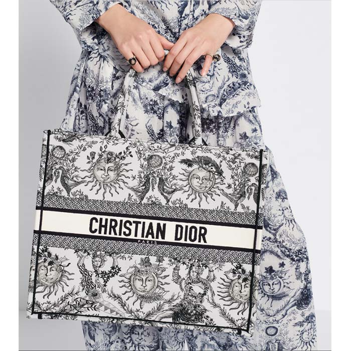 Dior Unisex Large Dior Book Tote White Black Toile De Jouy Soleil Embroidery
