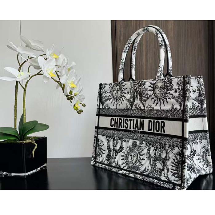 Dior Unisex Large Dior Book Tote White Black Toile De Jouy Soleil Embroidery