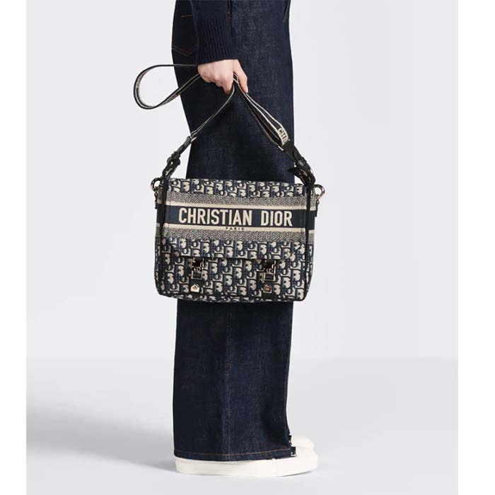 Dior Unisex Medium Diorcamp Bag Blue Dior Oblique Embroidery