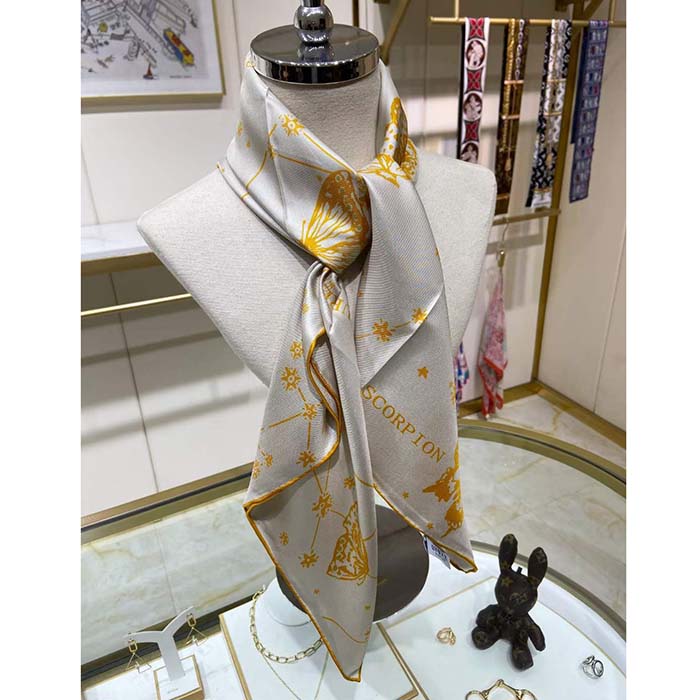 Dior Women CD Butterfly Zodiac 70 Square Scarf Ivory Gold-Tone Silk Twill