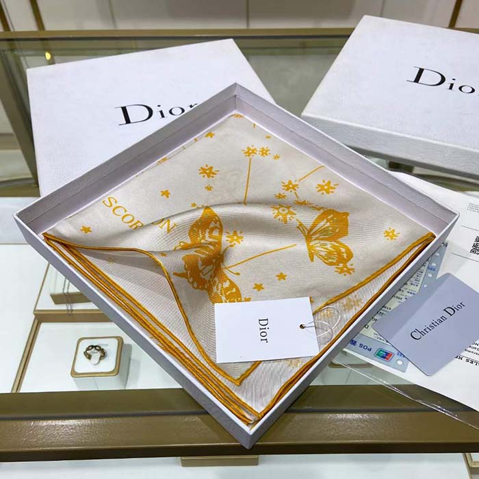 Dior Women CD Butterfly Zodiac 70 Square Scarf Ivory Gold-Tone Silk Twill
