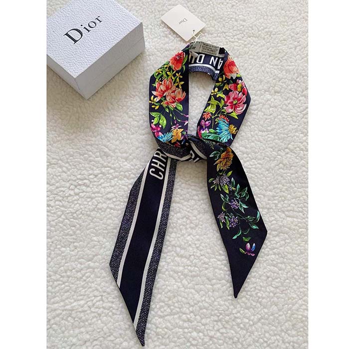 Dior Women CD D-Floral Mitzah Scarf Blue Multicolor Silk Twill