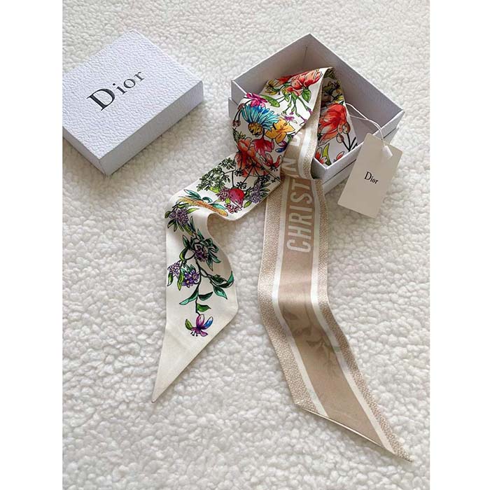 Dior Women CD D-Floral Mitzah Scarf White Multicolor Silk Twill