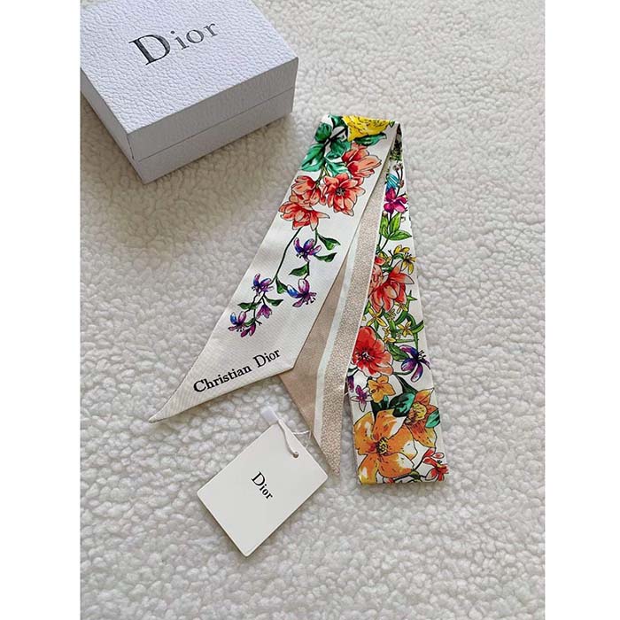 Dior Women CD D-Floral Mitzah Scarf White Multicolor Silk Twill