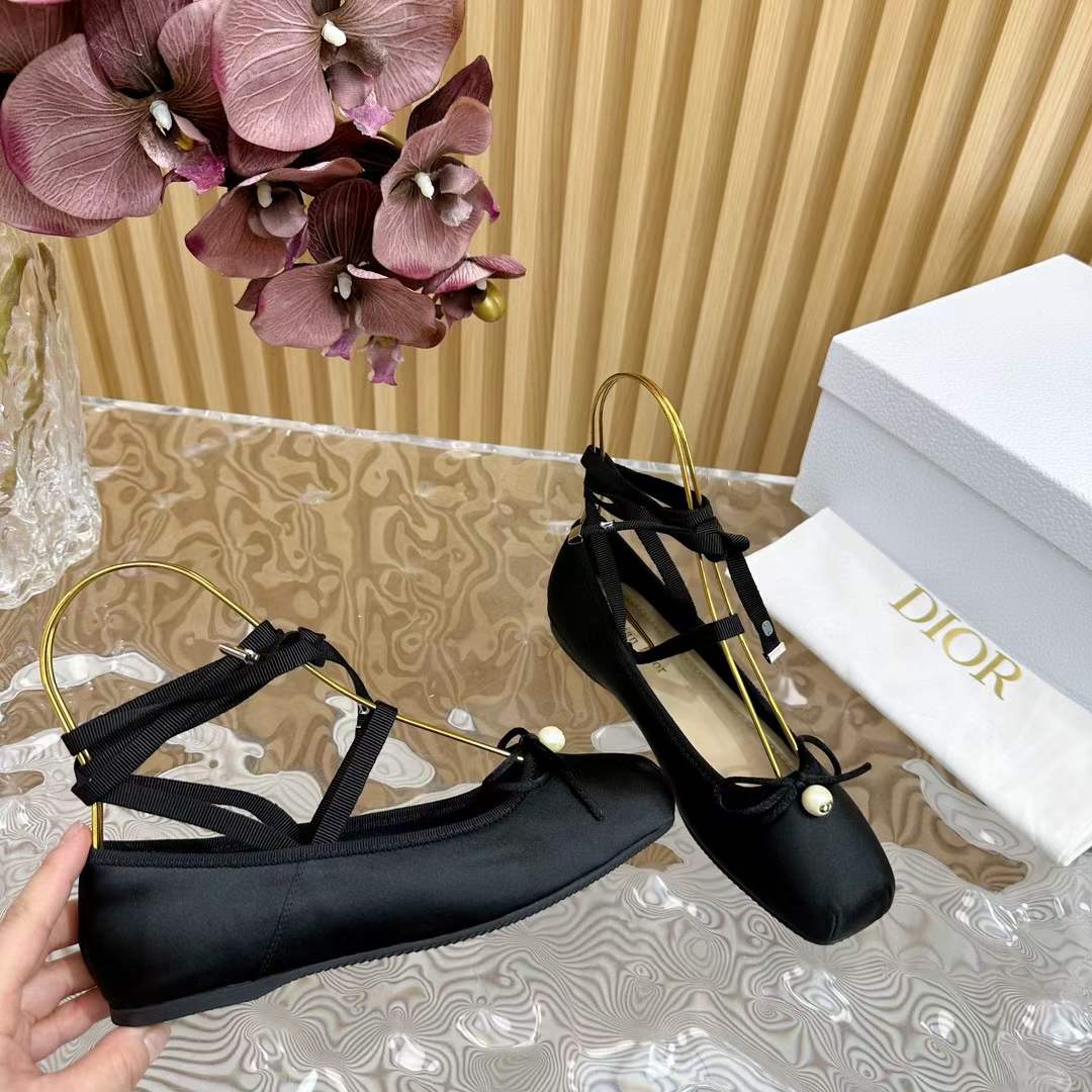 Dior Women CD D-Joy Ballet Flat Black Satin Grosgrain