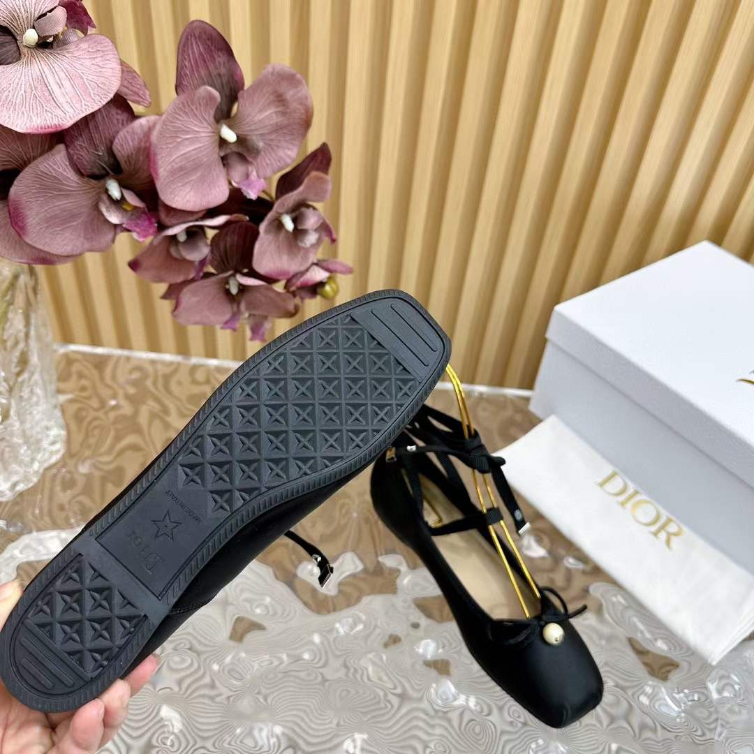 Dior Women CD D-Joy Ballet Flat Black Satin Grosgrain