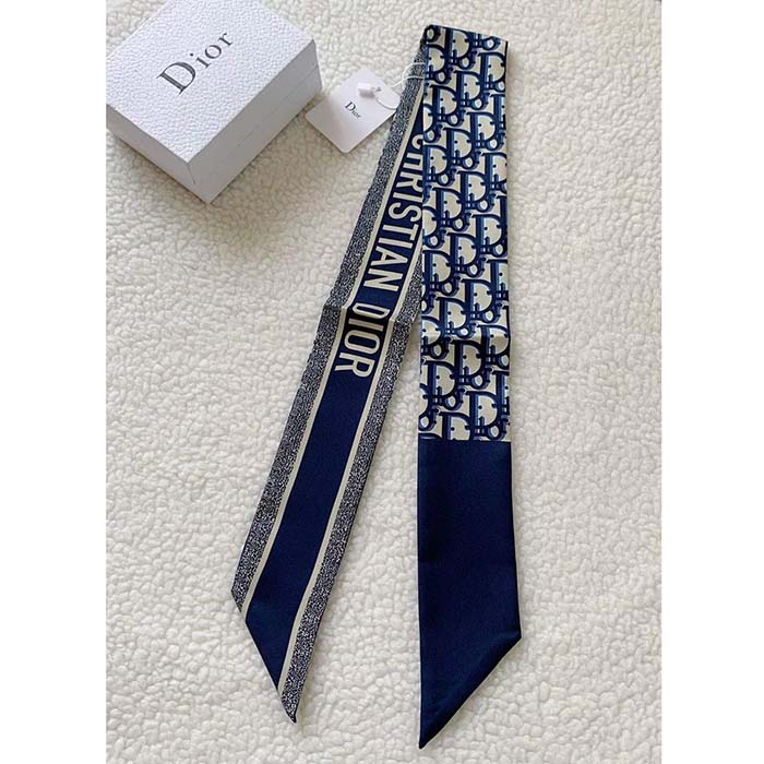Dior Women CD Dior Oblique Mitzah Scarf Navy Blue Silk Twill