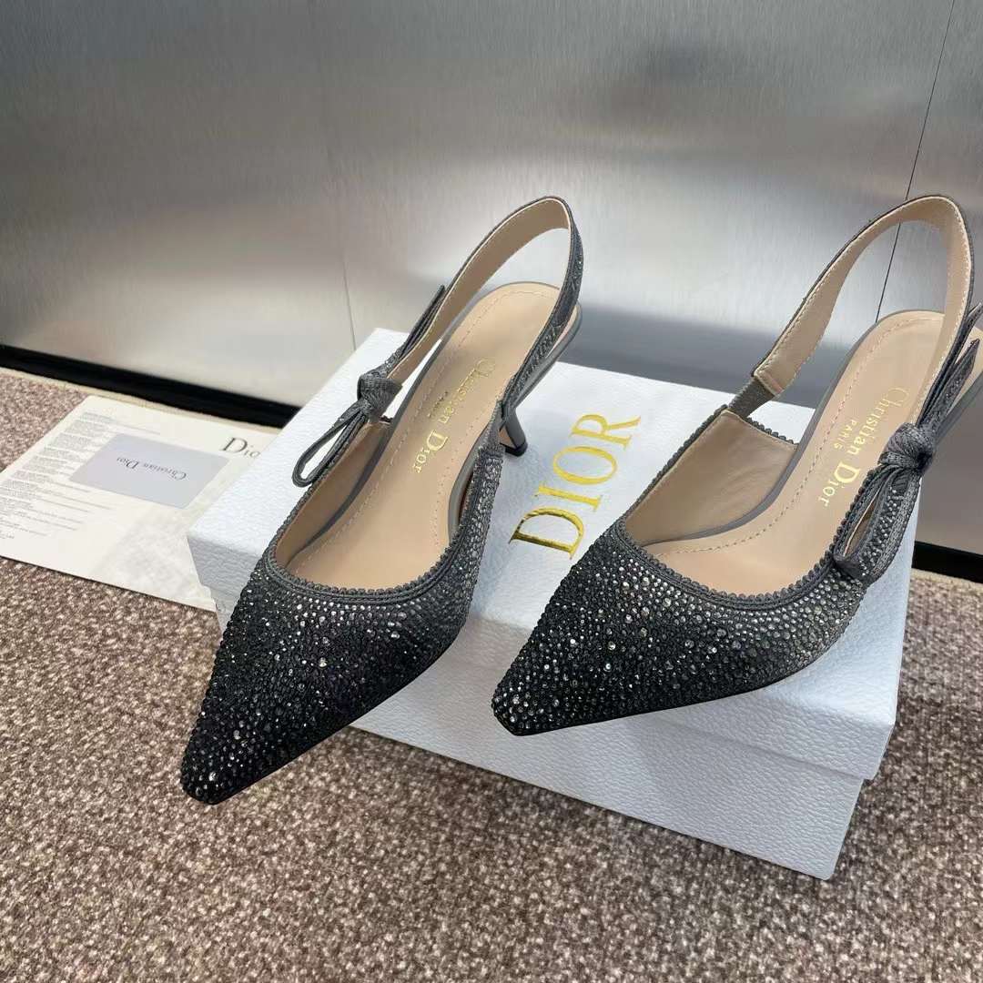 Dior Women CD Dior Or J’Adior Slingback Pump Cotton Embroidered Black Silver Strass