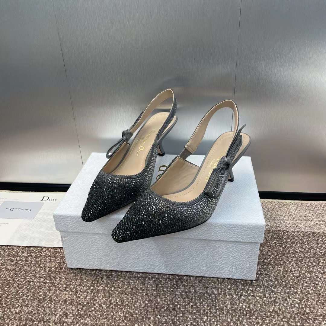 Dior Women CD Dior Or J’Adior Slingback Pump Cotton Embroidered Black Silver Strass