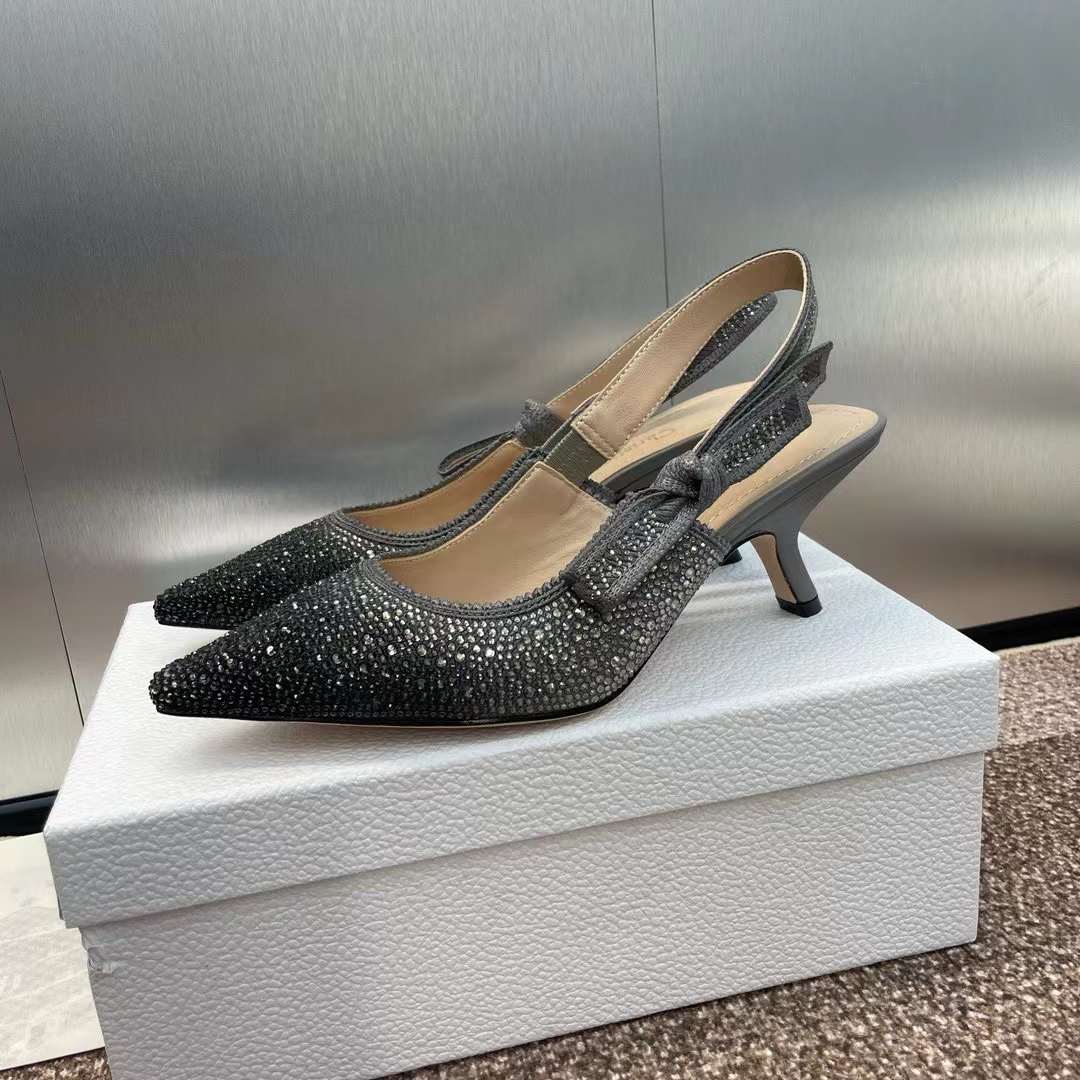 Dior Women CD Dior Or J’Adior Slingback Pump Cotton Embroidered Black Silver Strass
