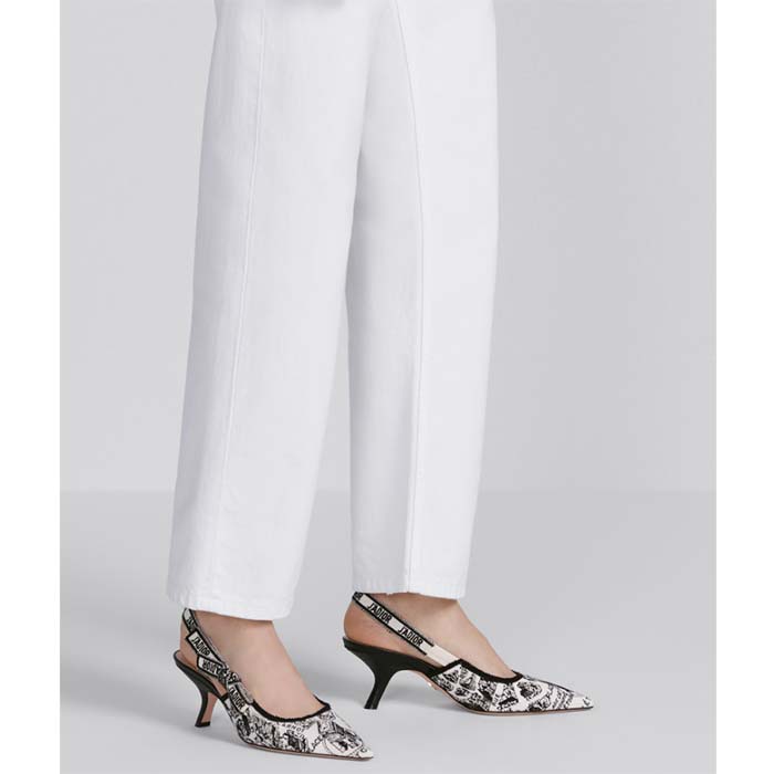 Dior Women CD J’Adior Slingback Pump White Black Cotton Embroidered Plan De Paris