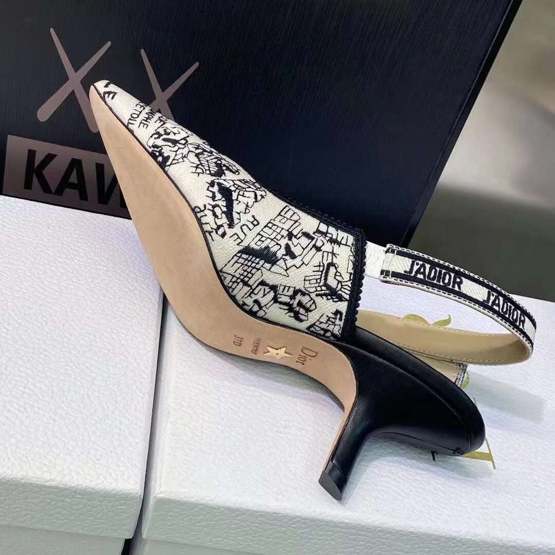Dior Women CD J’Adior Slingback Pump White Black Cotton Embroidered Plan De Paris