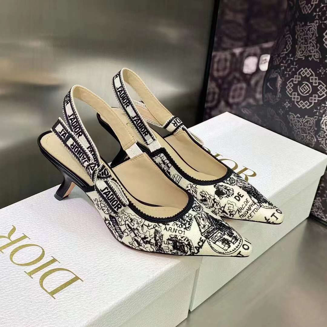 Dior Women CD J’Adior Slingback Pump White Black Cotton Embroidered Plan De Paris
