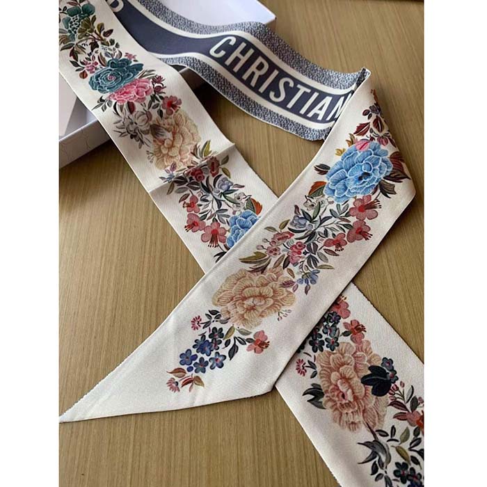 Dior Women CD Jardin D’Hiver Mitzah Scarf White Multicolor Silk Twill