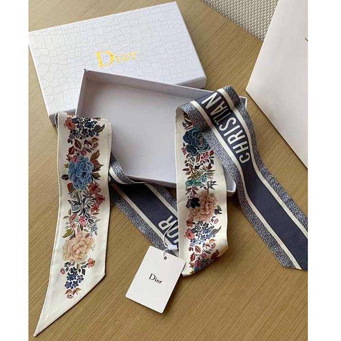 Dior Women CD Jardin D’Hiver Mitzah Scarf White Multicolor Silk Twill