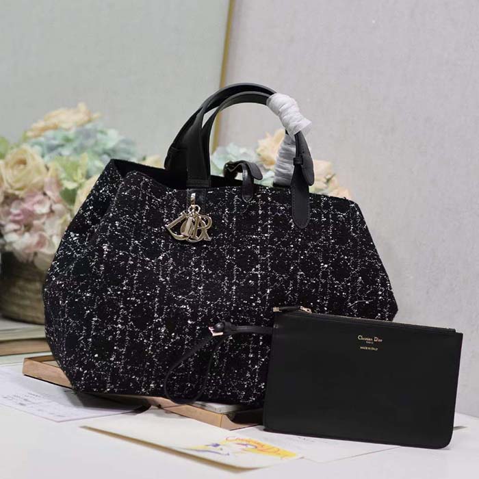 Dior Women CD Large Dior Toujours Bag Black Cannage Tweed