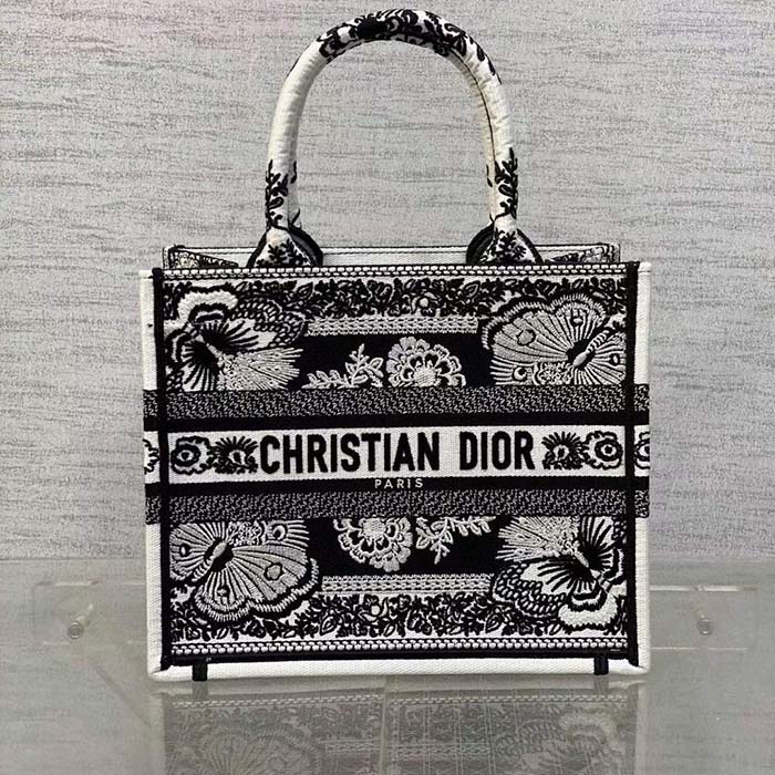 Dior Women CD Medium Dior Book Tote Black White Butterfly Bandana Embroidery
