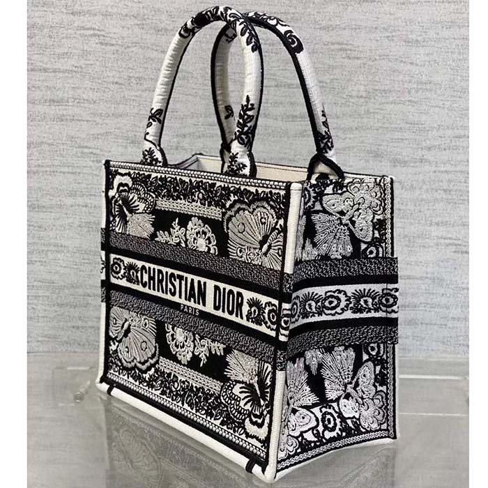 Dior Women CD Medium Dior Book Tote Black White Butterfly Bandana Embroidery