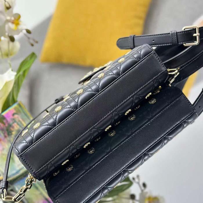 Dior Women CD Medium Lady D-Joy Bag Black Cannage Lambskin Sun Studs