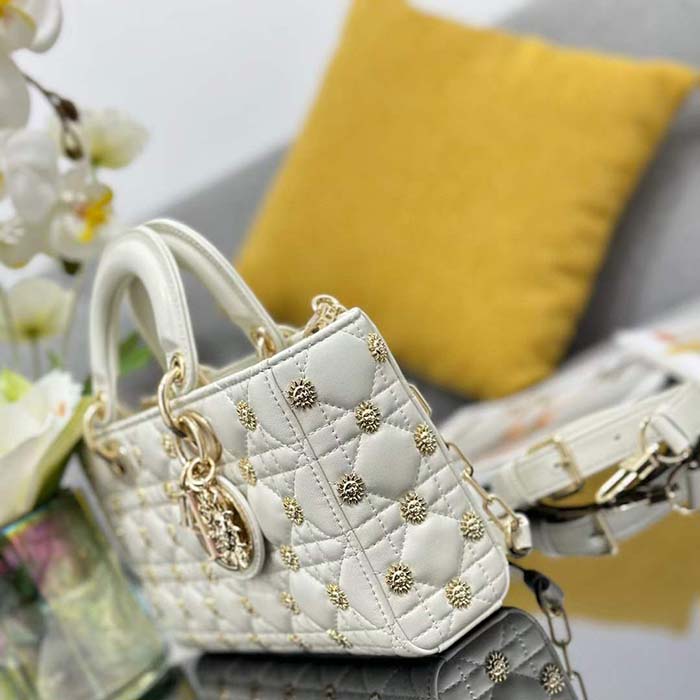 Dior Women CD Medium Lady D-Joy Bag Latte Cannage Lambskin Sun Studs